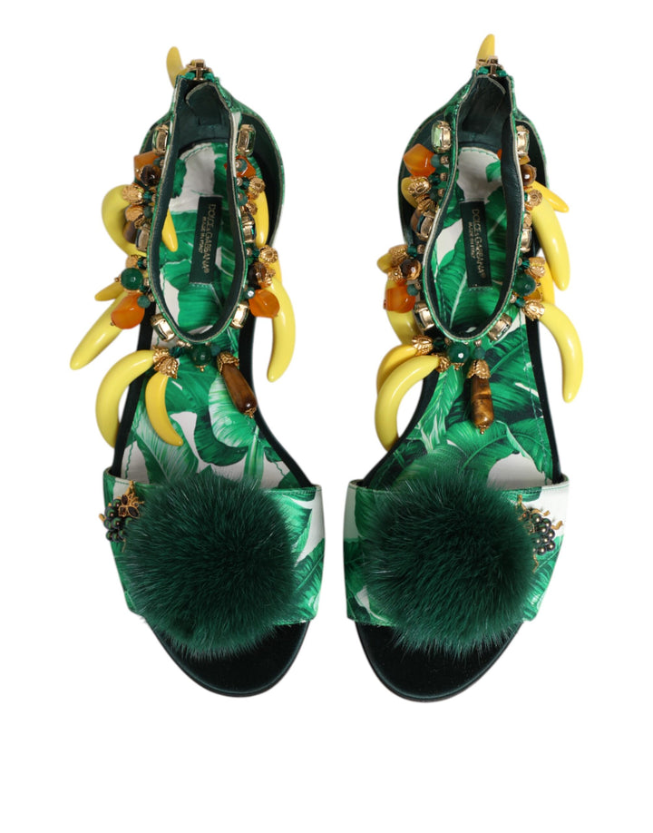 Dolce &amp; Gabbana Sample Sale Dolce &amp; Gabbana Green Mink Fur Satin Banana Leaf Sandals Shoes - | Designer outlet