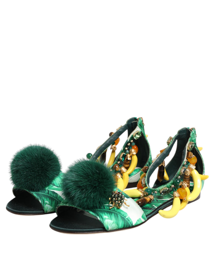 Dolce &amp; Gabbana Sample Sale Dolce &amp; Gabbana Green Mink Fur Satin Banana Leaf Sandals Shoes - | Designer outlet