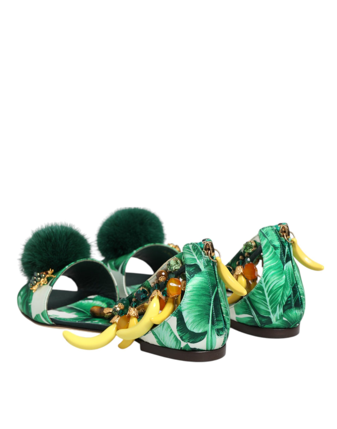 Dolce &amp; Gabbana Sample Sale Dolce &amp; Gabbana Green Mink Fur Satin Banana Leaf Sandals Shoes - | Designer outlet