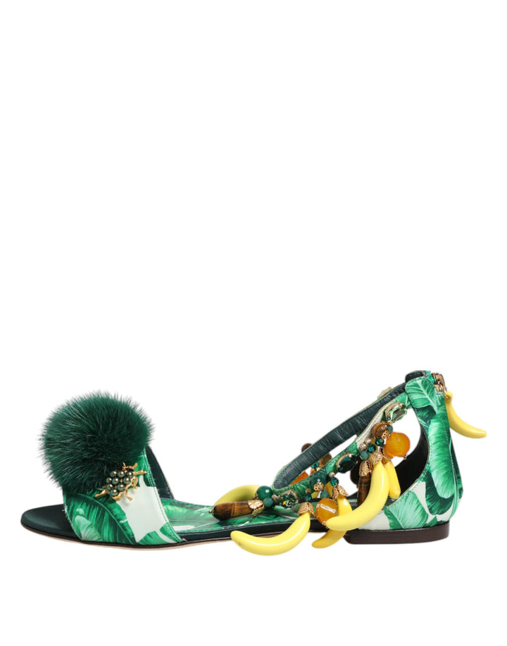Dolce &amp; Gabbana Sample Sale Dolce &amp; Gabbana Green Mink Fur Satin Banana Leaf Sandals Shoes - | Designer outlet