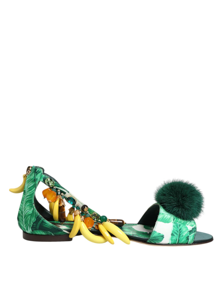 Dolce &amp; Gabbana Sample Sale Dolce &amp; Gabbana Green Mink Fur Satin Banana Leaf Sandals Shoes - | Designer outlet