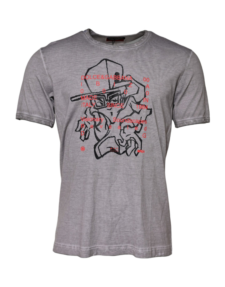 Dolce &amp; Gabbana Gray Graphic Print Cotton Crew Neck T-shirt by Dolce &amp; Gabbana outlet now on sale