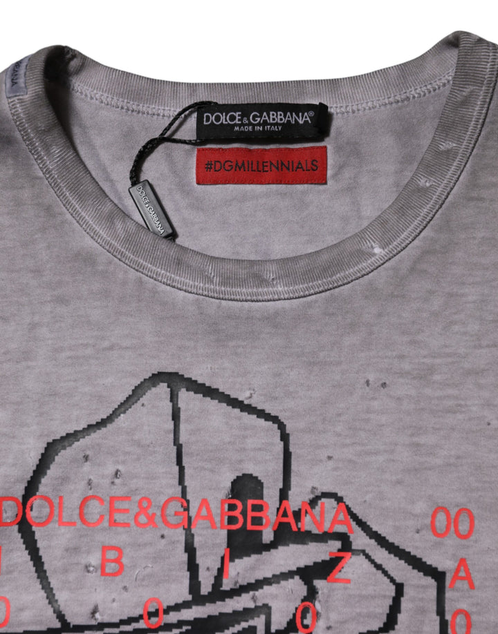 Dolce &amp; Gabbana Gray Graphic Print Cotton Crew Neck T-shirt by Dolce &amp; Gabbana outlet now on sale