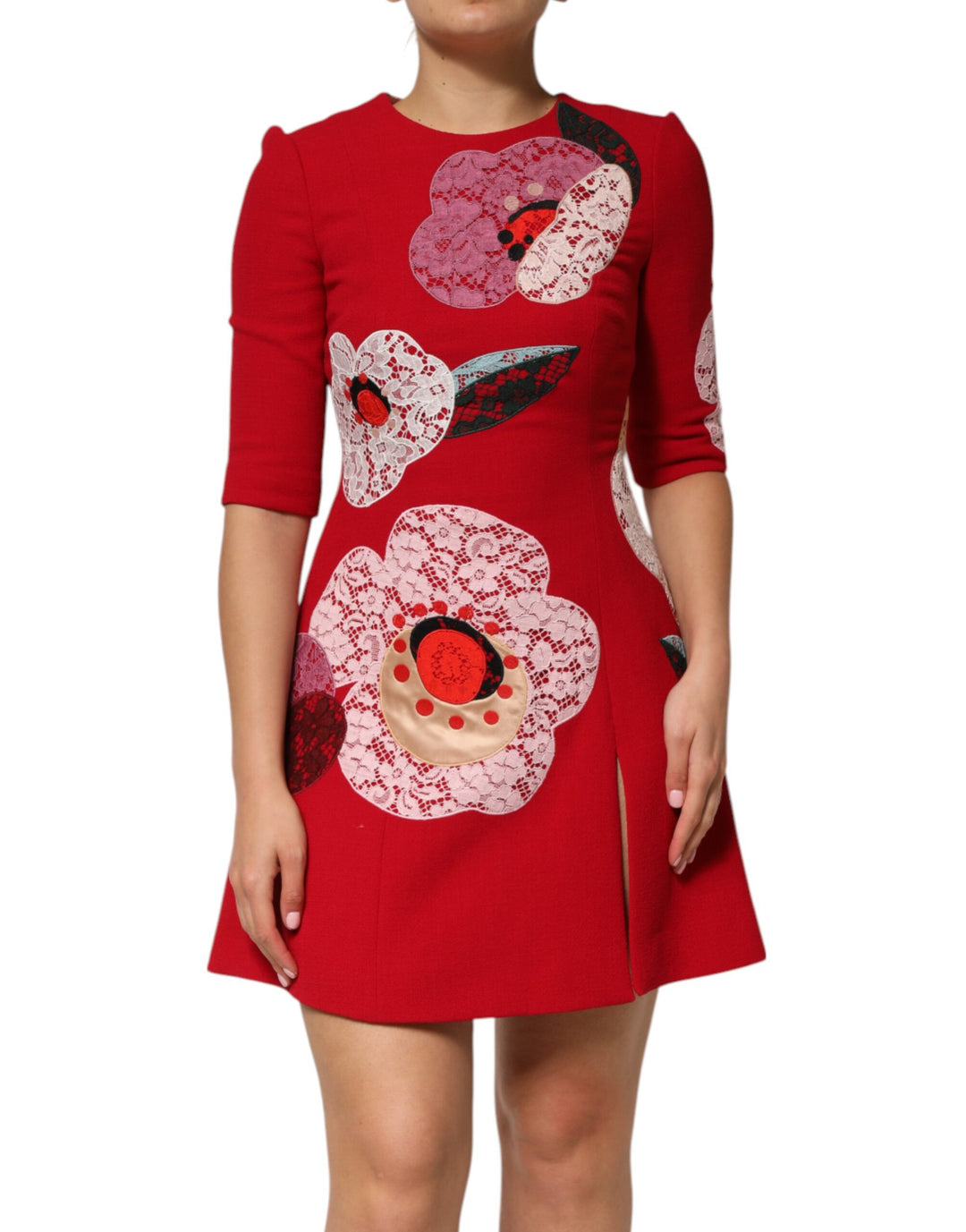 Dolce &amp; Gabbana Sample Sale Dolce &amp; Gabbana Red Lace Floral Applique A-line Mini Dress - | Designer outlet
