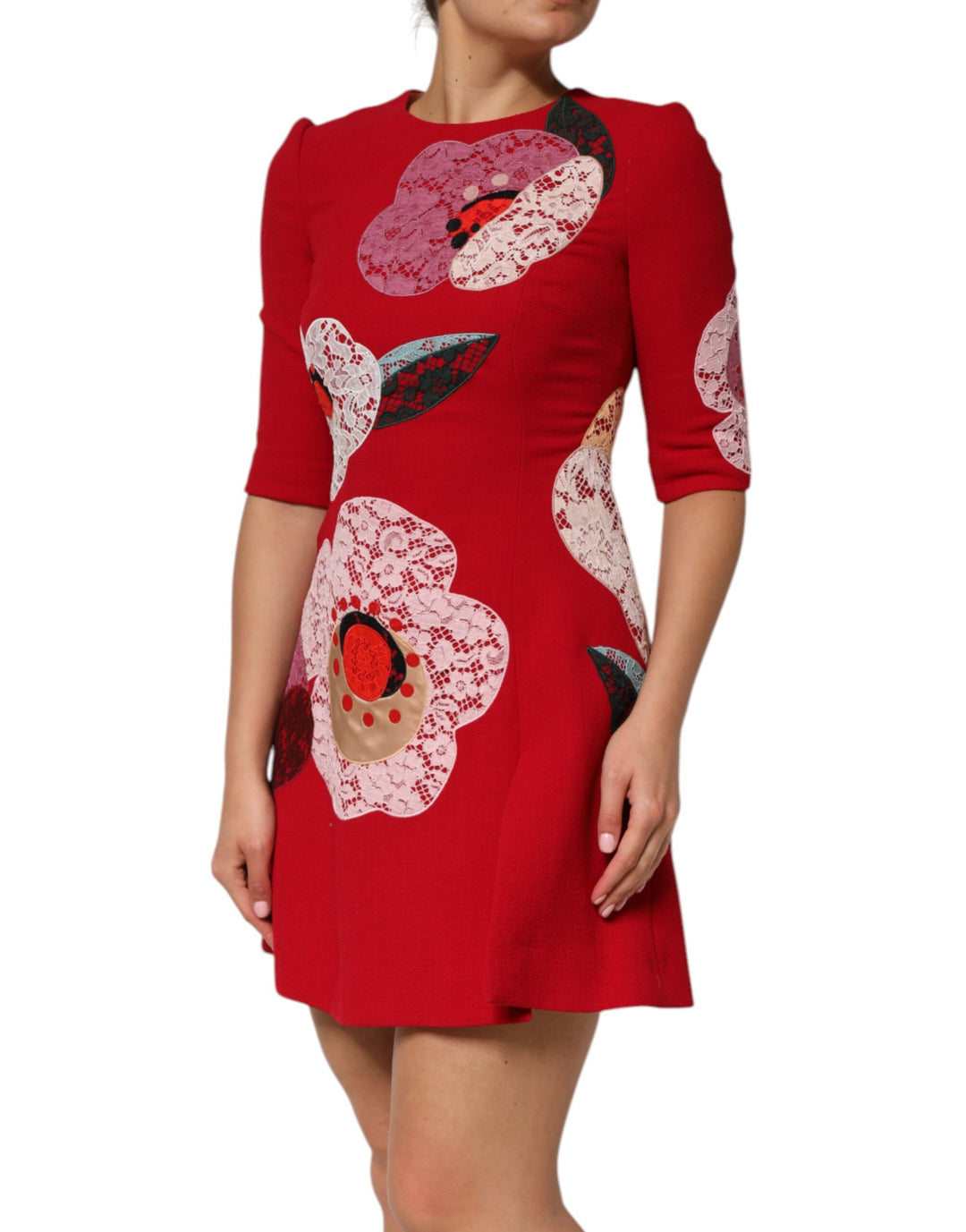 Dolce &amp; Gabbana Sample Sale Dolce &amp; Gabbana Red Lace Floral Applique A-line Mini Dress - | Designer outlet