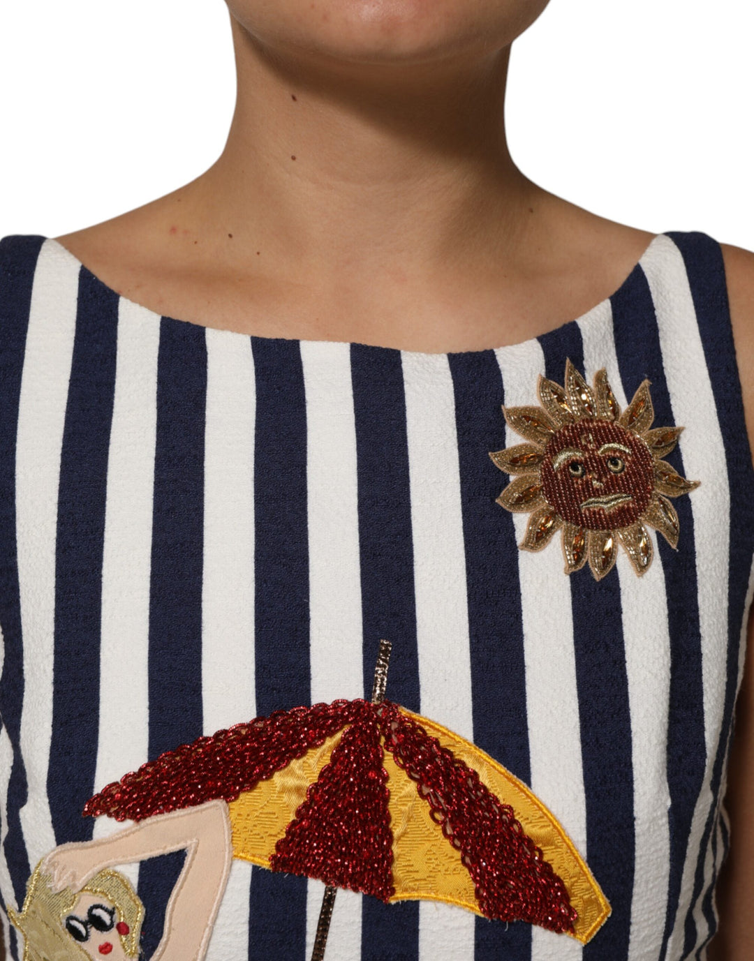 blue and white striped embroidered dress Gracie Striped Embroidered Open-back Sleeveless Dress in Crinkled Cotton L main image 0