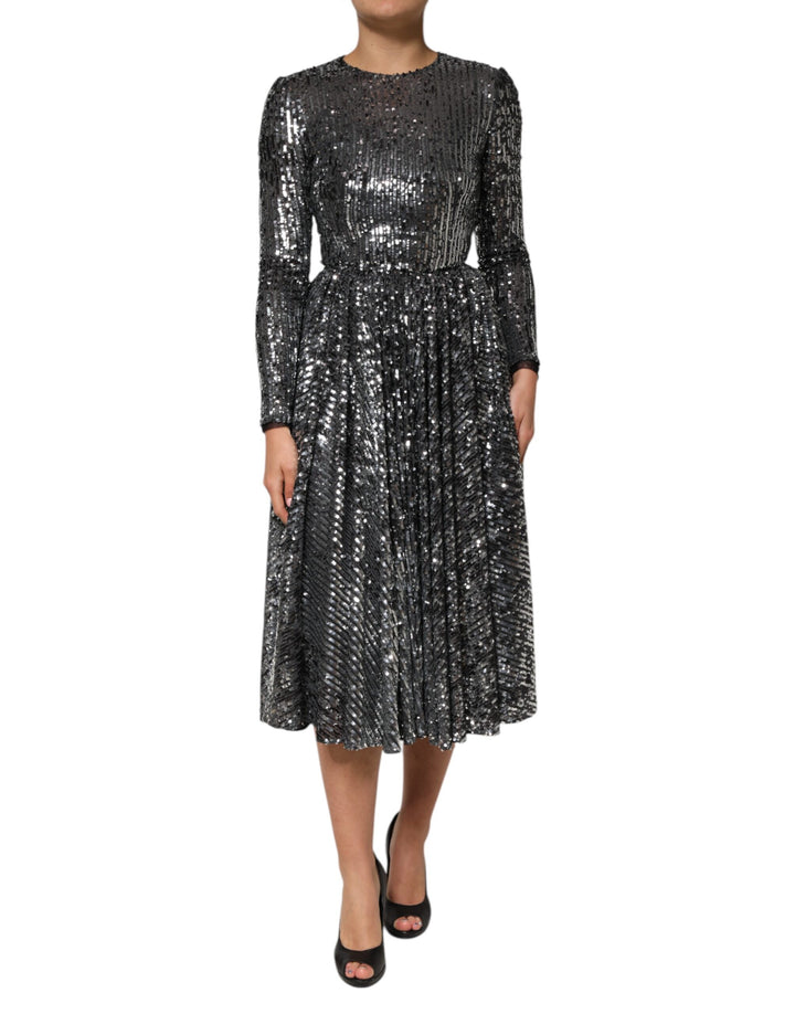 Dolce &amp; Gabbana Sample Sale Dolce &amp; Gabbana Black Sequined Long Sleeves Midi A-line Dress - | Designer outlet
