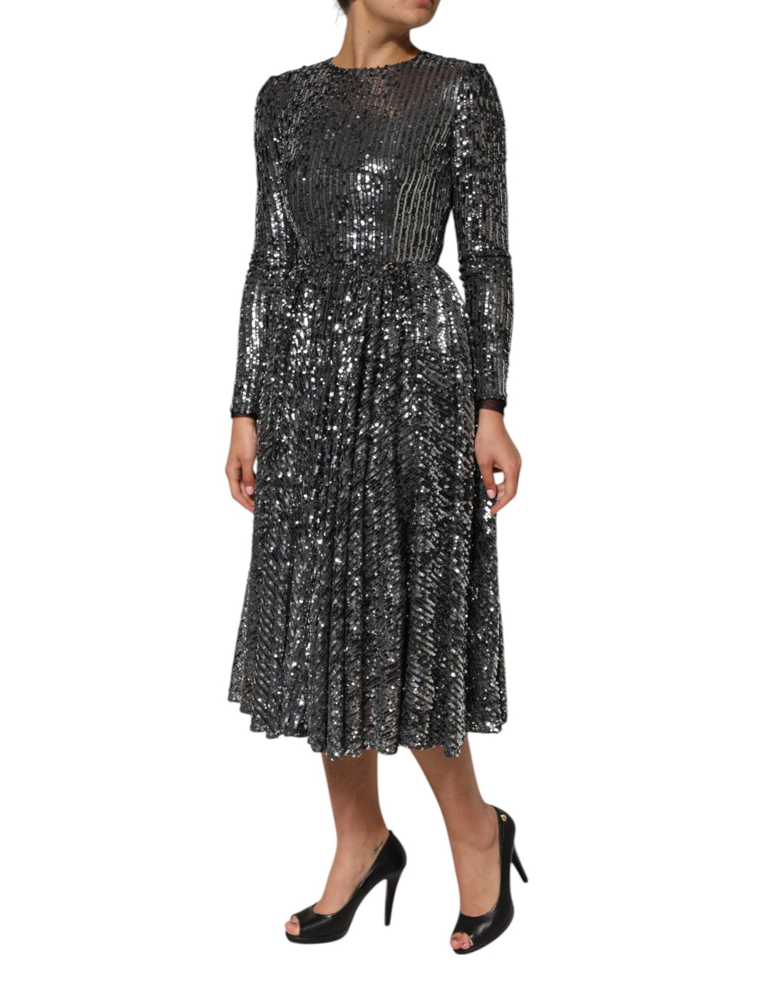 Dolce &amp; Gabbana Sample Sale Dolce &amp; Gabbana Black Sequined Long Sleeves Midi A-line Dress - | Designer outlet