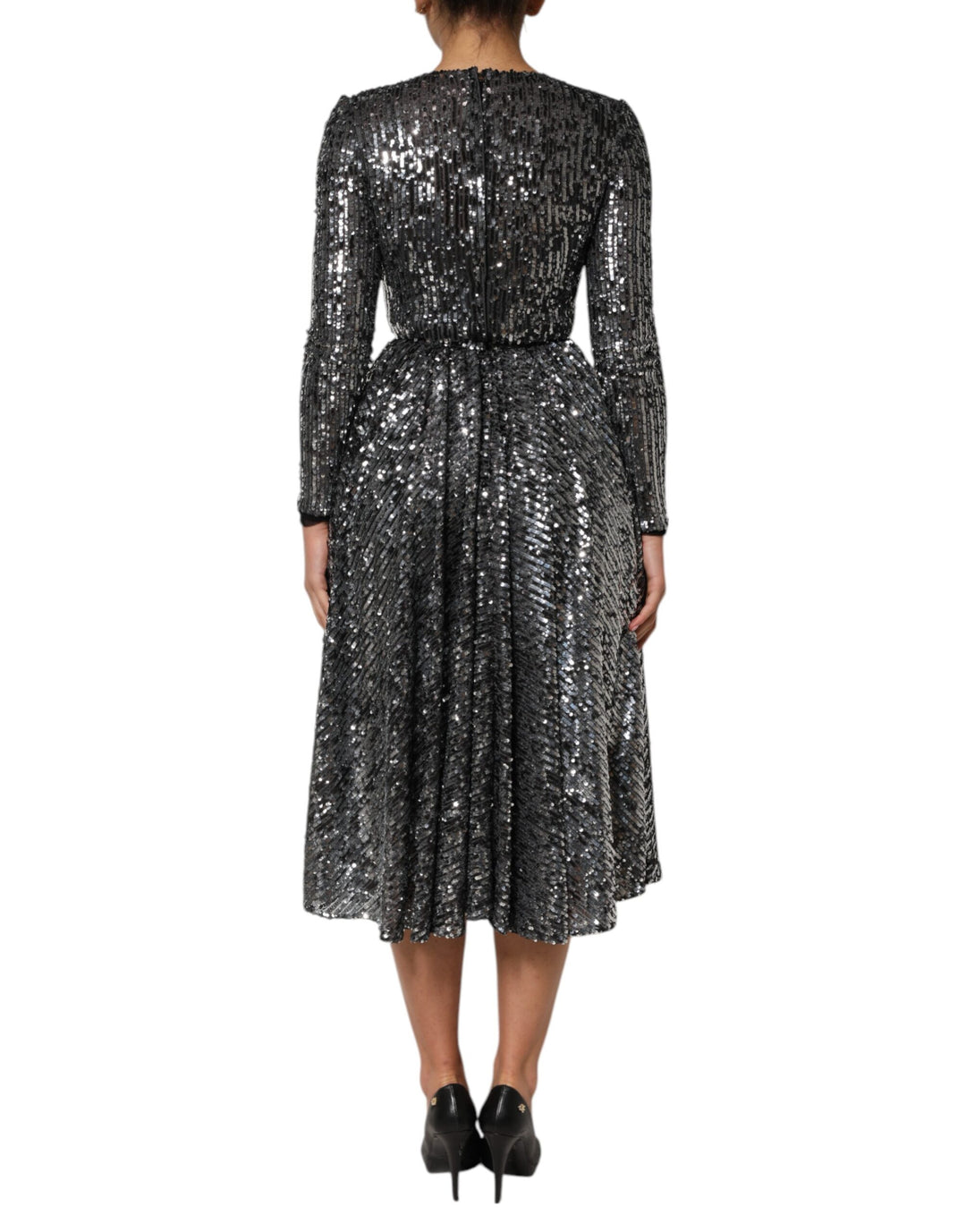 Dolce &amp; Gabbana Sample Sale Dolce &amp; Gabbana Black Sequined Long Sleeves Midi A-line Dress - | Designer outlet