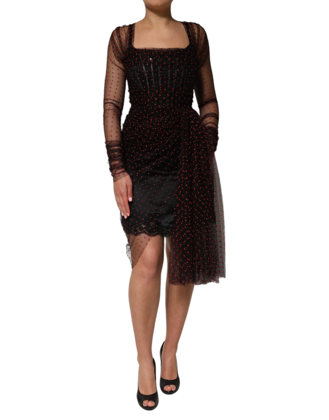 Dolce &amp; Gabbana Sample Sale Dolce &amp; Gabbana Black Lace Trim Long Sleeve Sheath Mini Dress - | Designer outlet
