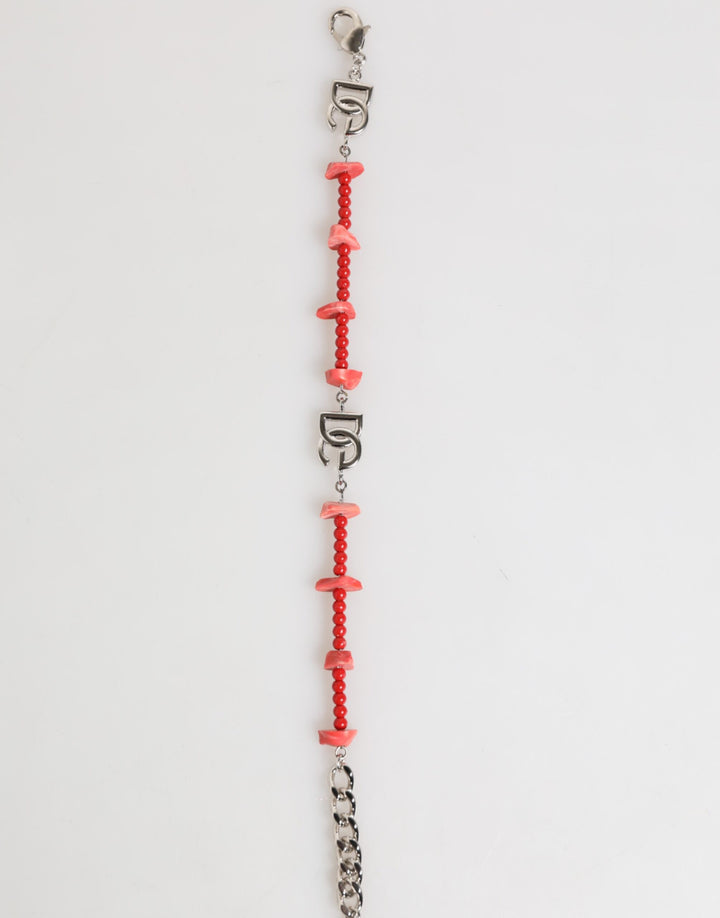 Dolce &amp; Gabbana Silver Tone Brass Beaded Resin DG Logo Chain Men Bracelet by Dolce &amp; Gabbana outlet now on sale