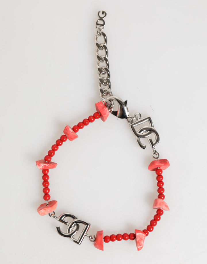 Dolce &amp; Gabbana Silver Tone Brass Beaded Resin DG Logo Chain Men Bracelet by Dolce &amp; Gabbana outlet now on sale