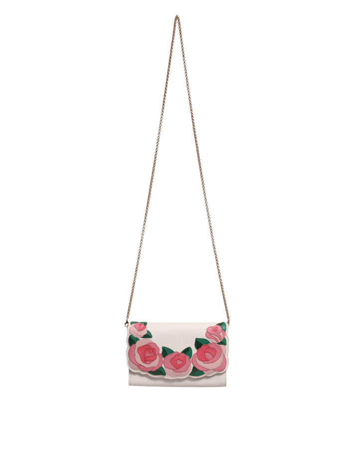 Dolce & Gabbana White Floral Leather Wallet Crossbody Gold Chain Bag