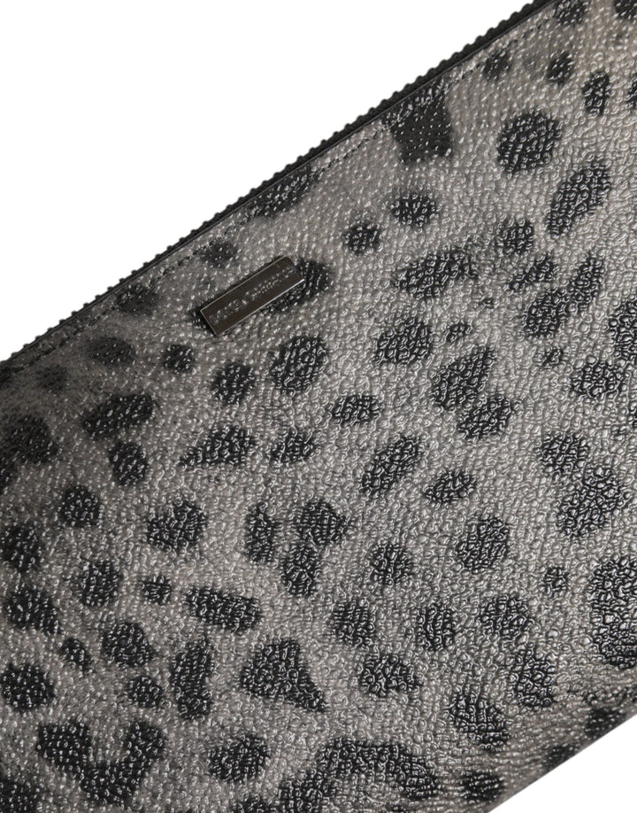 Dolce & Gabbana Black Gray Leopard Leather Zip Around Continental Wallet