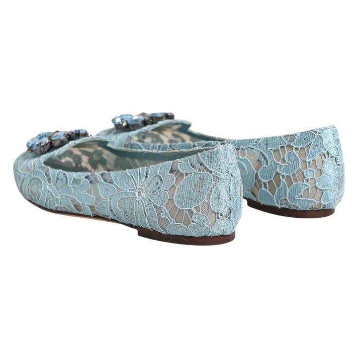 Dolce & Gabbana Blue Lace Crystal Ballet Flats Loafers Shoes