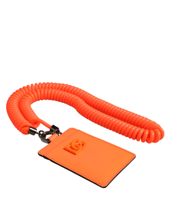 Dolce & Gabbana Orange Leather Logo Embossed Lanyard Card Holder Wallet