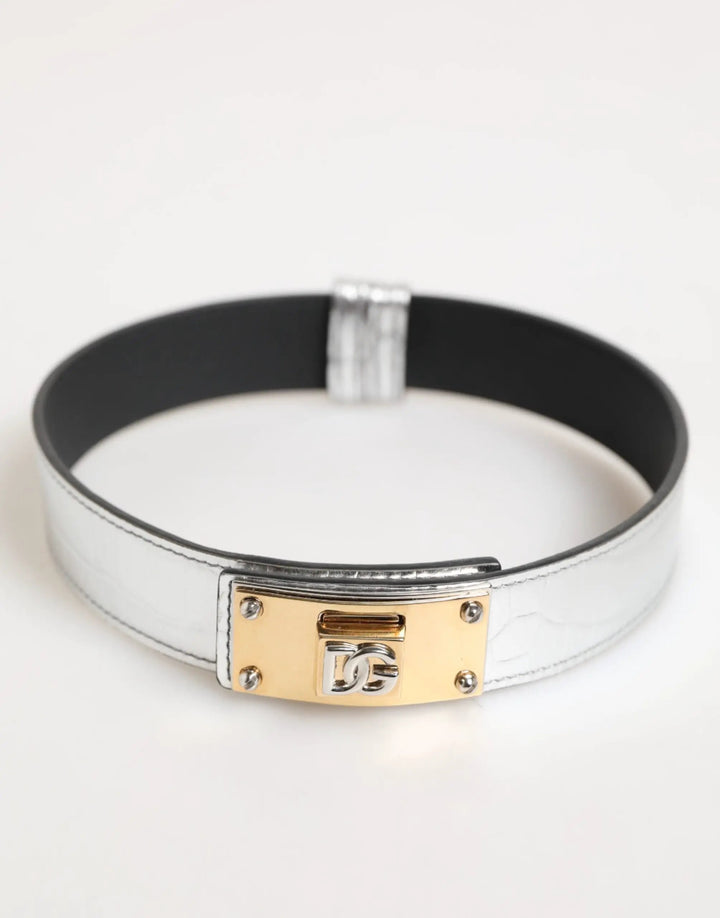 Dolce &amp; Gabbana Silver Textured Leather Gold Tone Metal Neckband