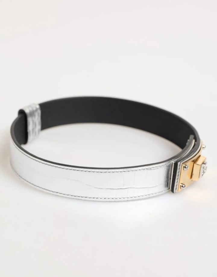 Dolce &amp; Gabbana Silver Textured Leather Gold Tone Metal Neckband