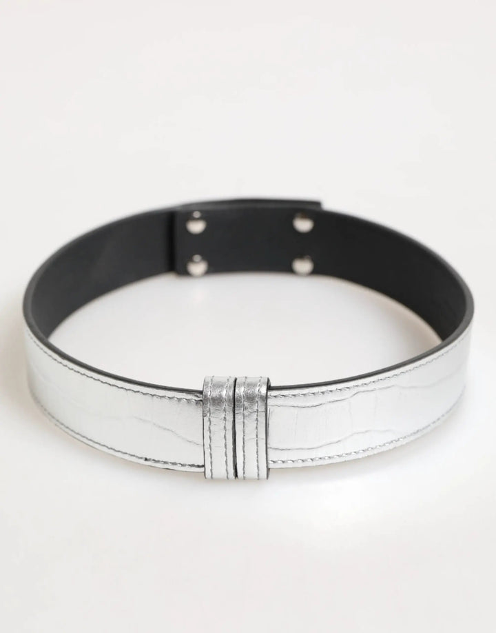 Dolce &amp; Gabbana Silver Textured Leather Gold Tone Metal Neckband