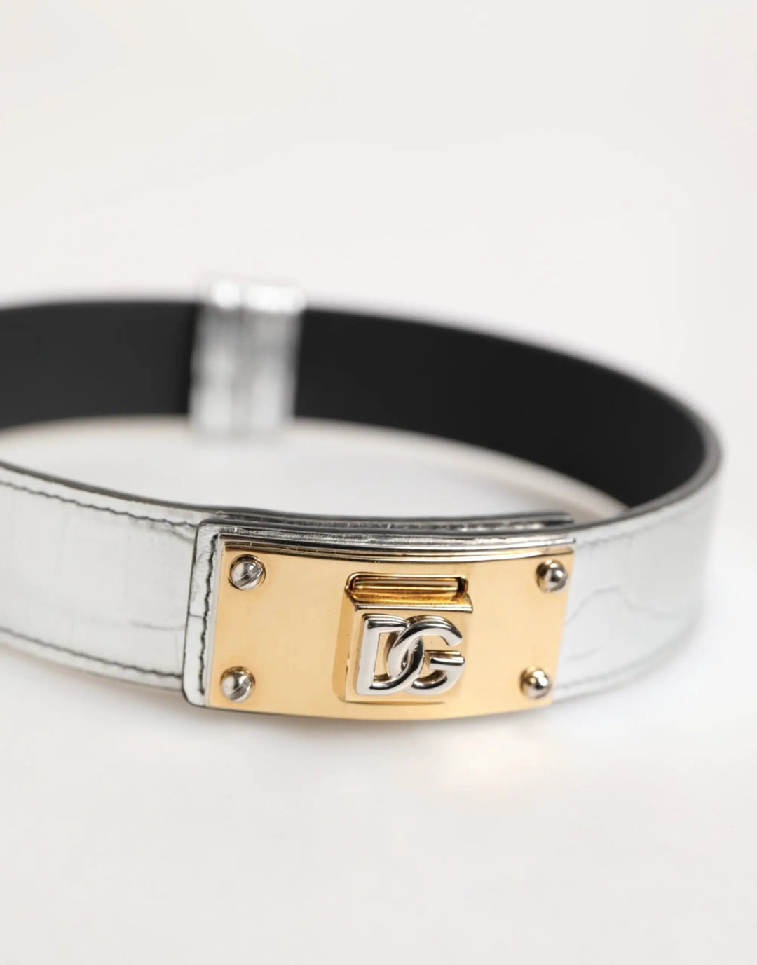 Dolce &amp; Gabbana Silver Textured Leather Gold Tone Metal Neckband