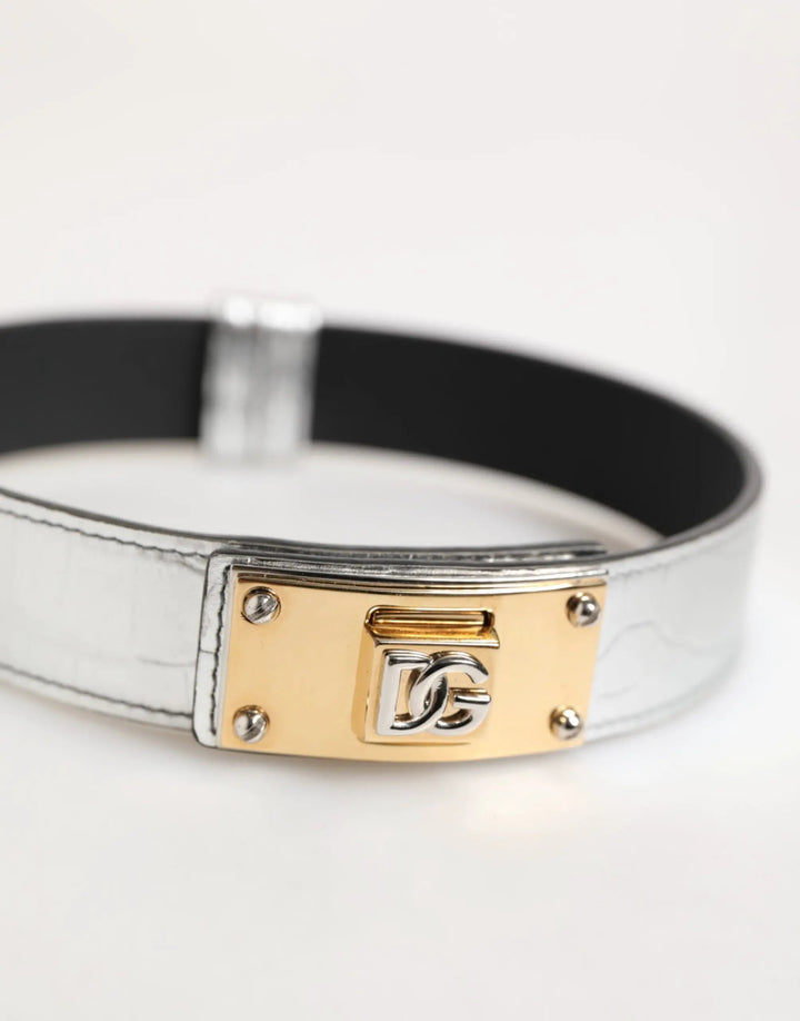 Dolce &amp; Gabbana Silver Textured Leather Gold Tone Metal Neckband