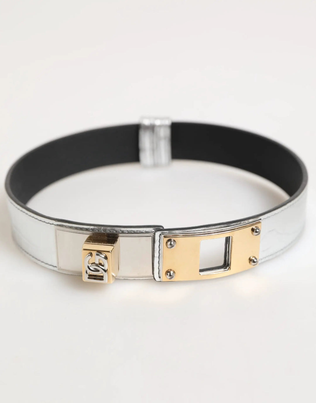 Dolce &amp; Gabbana Silver Textured Leather Gold Tone Metal Neckband
