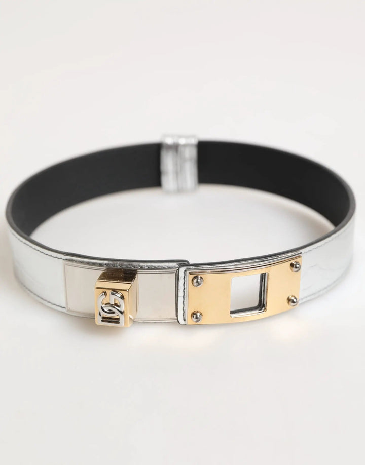 Dolce &amp; Gabbana Silver Textured Leather Gold Tone Metal Neckband