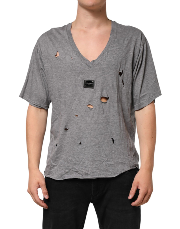 Dolce &amp; Gabbana Sample Sale Dolce &amp; Gabbana Gray Cotton Tattered Logo Patch Men T-shirt - | Designer outlet