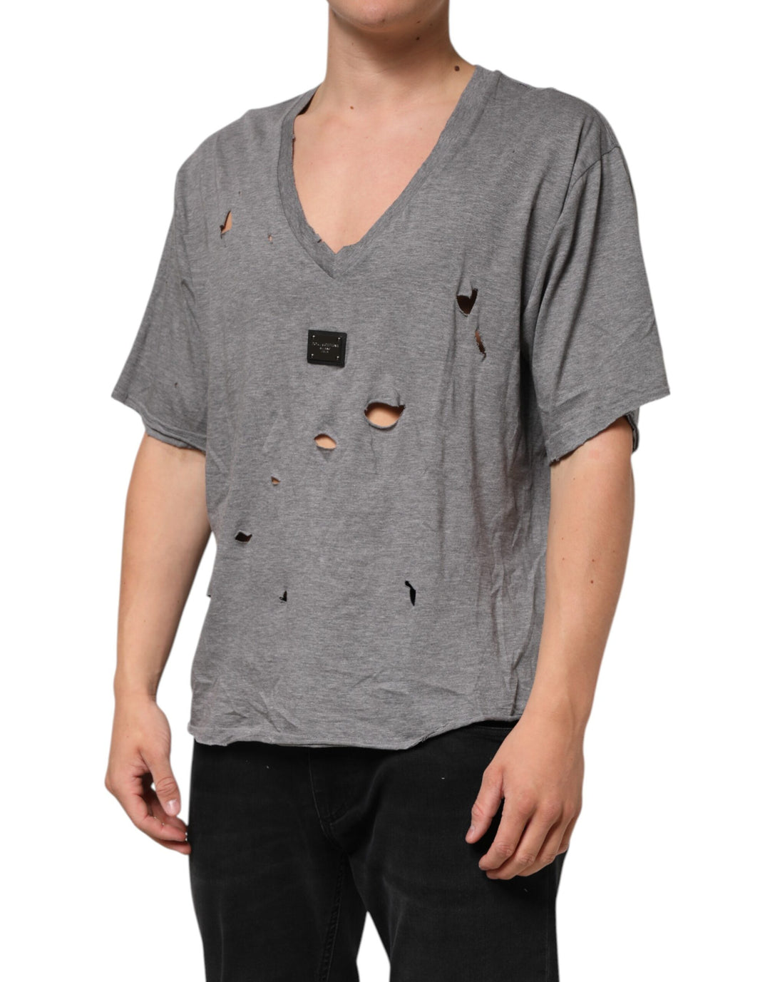 Dolce &amp; Gabbana Sample Sale Dolce &amp; Gabbana Gray Cotton Tattered Logo Patch Men T-shirt - | Designer outlet