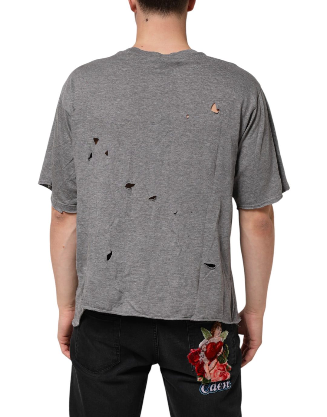 Dolce &amp; Gabbana Sample Sale Dolce &amp; Gabbana Gray Cotton Tattered Logo Patch Men T-shirt - | Designer outlet