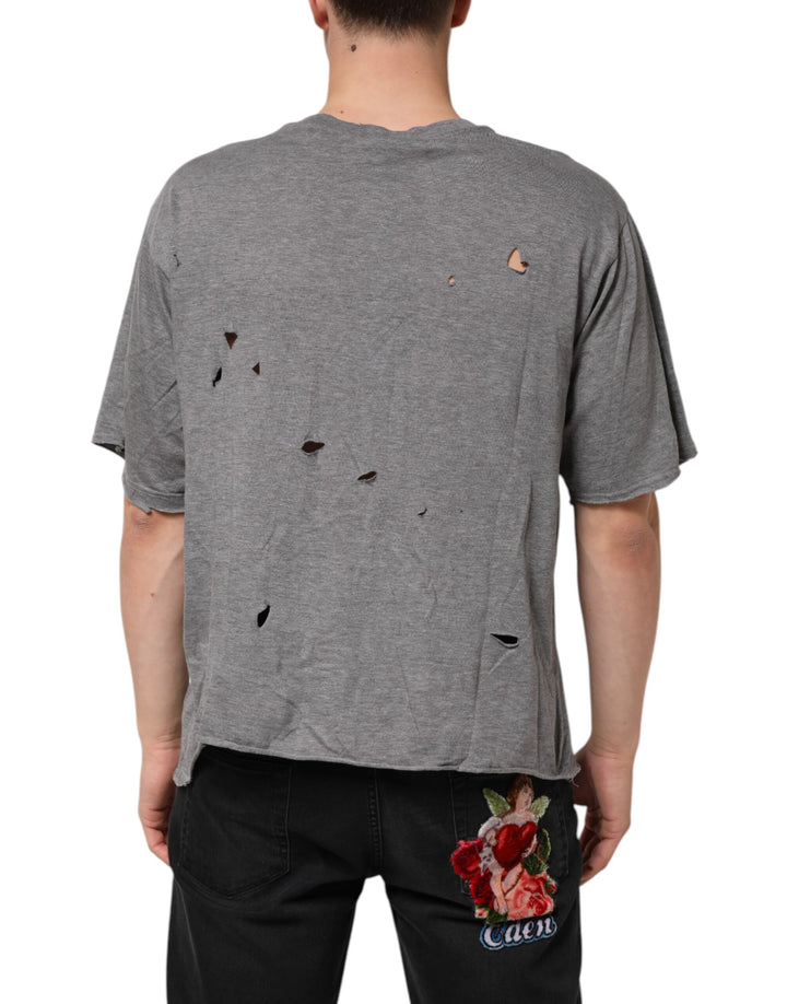 Dolce &amp; Gabbana Sample Sale Dolce &amp; Gabbana Gray Cotton Tattered Logo Patch Men T-shirt - | Designer outlet