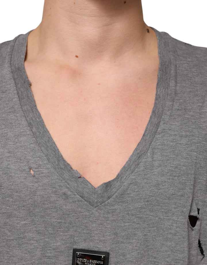 Dolce &amp; Gabbana Sample Sale Dolce &amp; Gabbana Gray Cotton Tattered Logo Patch Men T-shirt - | Designer outlet