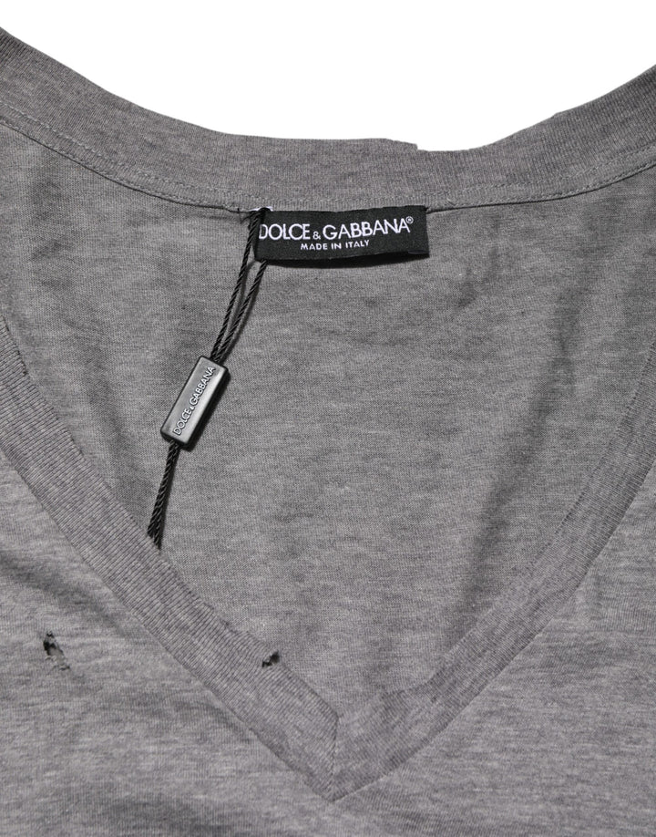 Dolce &amp; Gabbana Sample Sale Dolce &amp; Gabbana Gray Cotton Tattered Logo Patch Men T-shirt - | Designer outlet