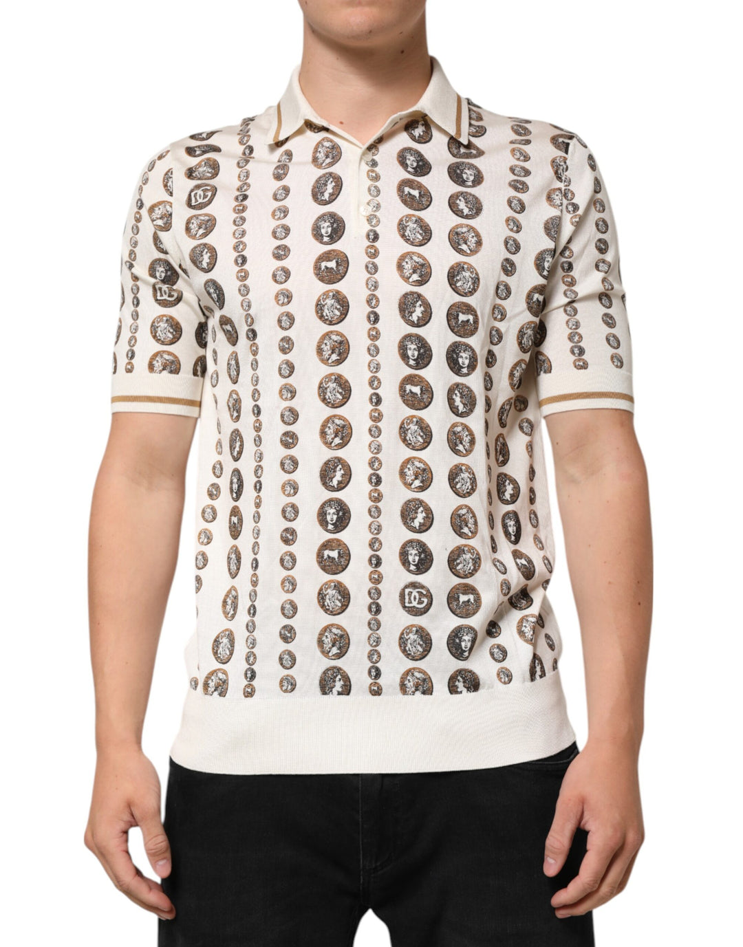 Dolce &amp; Gabbana Sample Sale Dolce &amp; Gabbana Silk Ivory Coin Print Logo Men Polo T-shirt - | Designer outlet