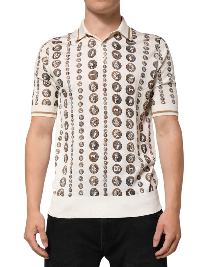 Dolce &amp; Gabbana Sample Sale Dolce &amp; Gabbana Silk Ivory Coin Print Logo Men Polo T-shirt - | Designer outlet