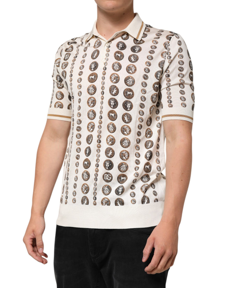 Dolce &amp; Gabbana Sample Sale Dolce &amp; Gabbana Silk Ivory Coin Print Logo Men Polo T-shirt - | Designer outlet