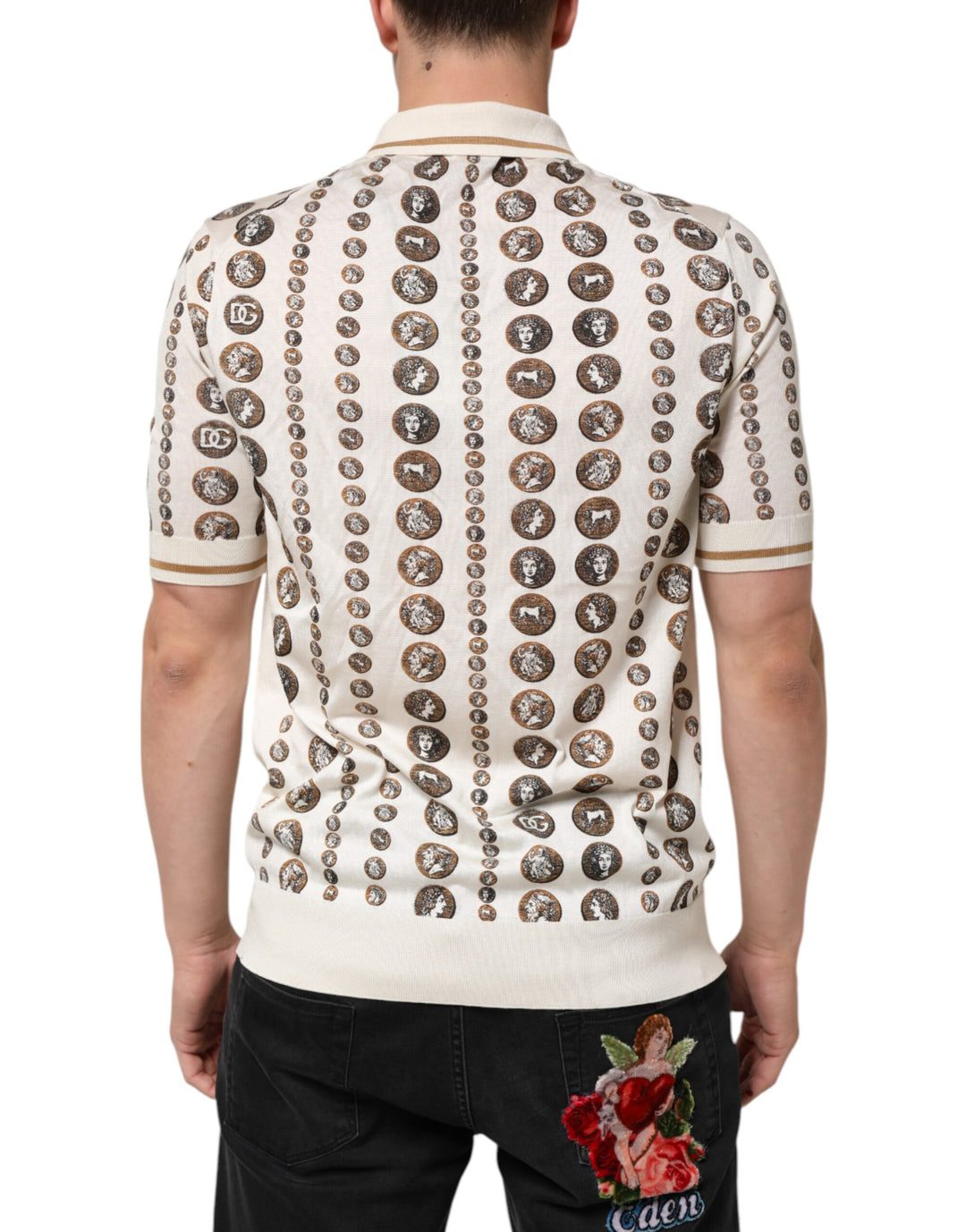 Dolce &amp; Gabbana Sample Sale Dolce &amp; Gabbana Silk Ivory Coin Print Logo Men Polo T-shirt - | Designer outlet