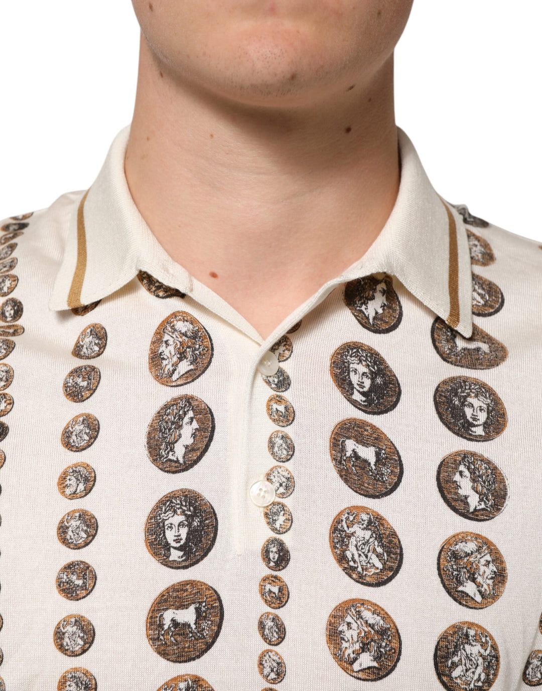 Dolce &amp; Gabbana Sample Sale Dolce &amp; Gabbana Silk Ivory Coin Print Logo Men Polo T-shirt - | Designer outlet
