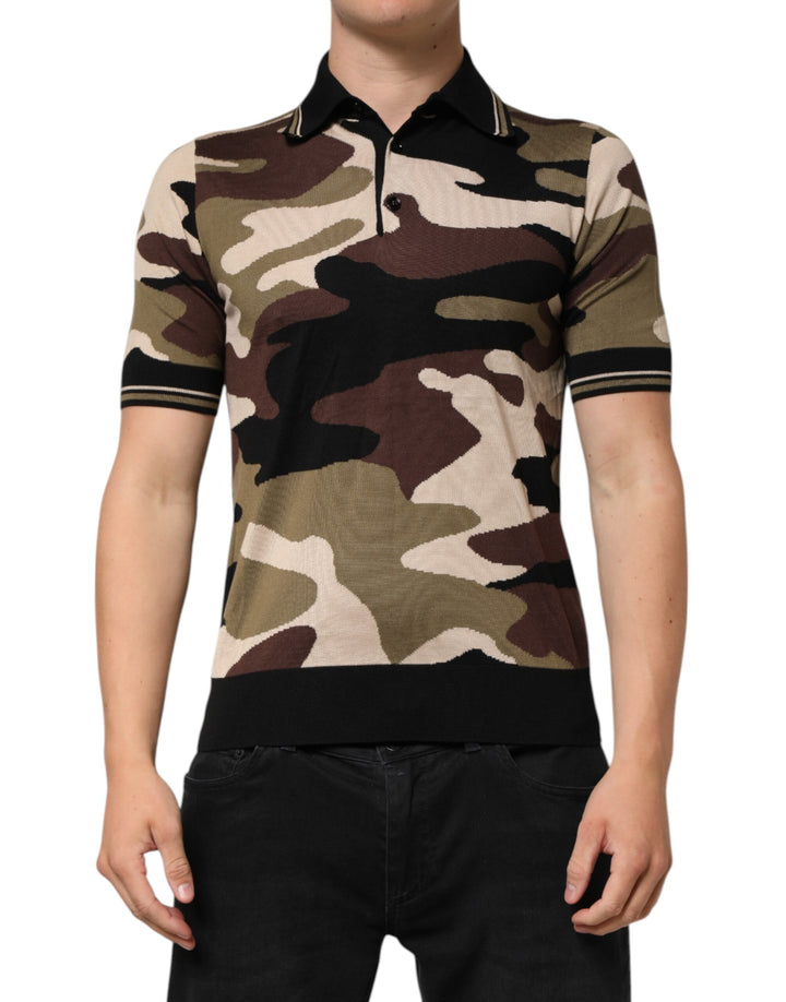 Dolce &amp; Gabbana Sample Sale Dolce &amp; Gabbana Camouflage Brown Silk MilitaryPolo T-shirt - | Designer outlet