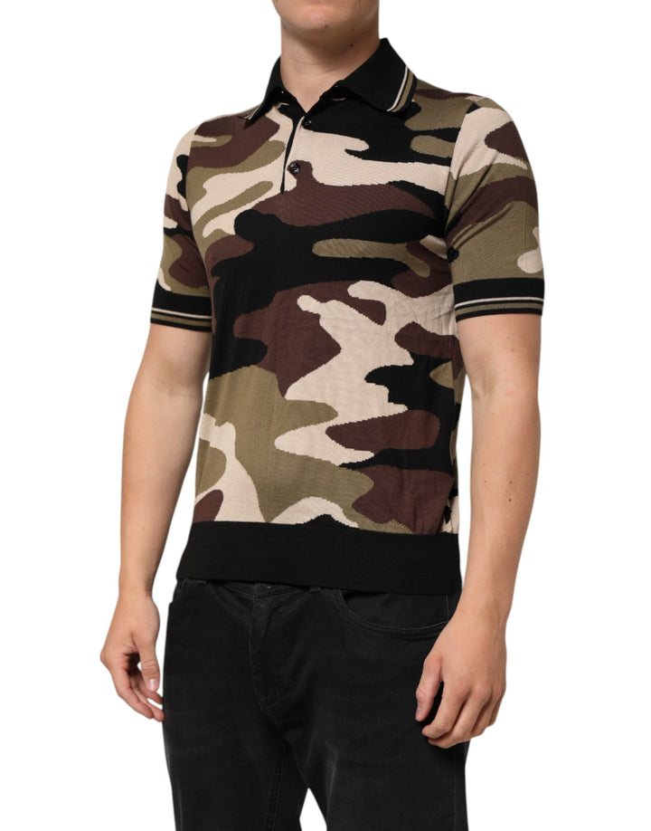 Dolce &amp; Gabbana Sample Sale Dolce &amp; Gabbana Camouflage Brown Silk MilitaryPolo T-shirt - | Designer outlet