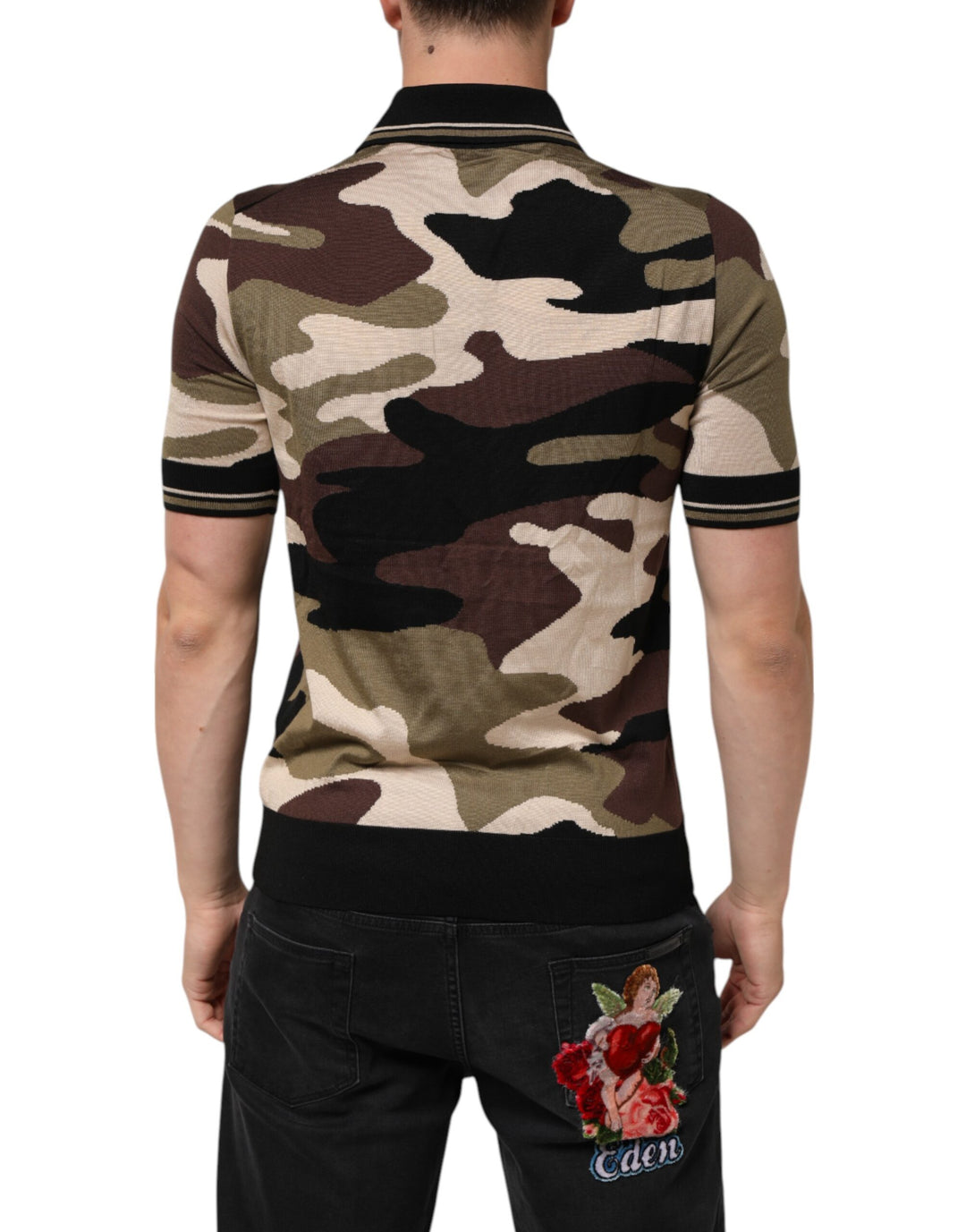 Dolce &amp; Gabbana Sample Sale Dolce &amp; Gabbana Camouflage Brown Silk MilitaryPolo T-shirt - | Designer outlet