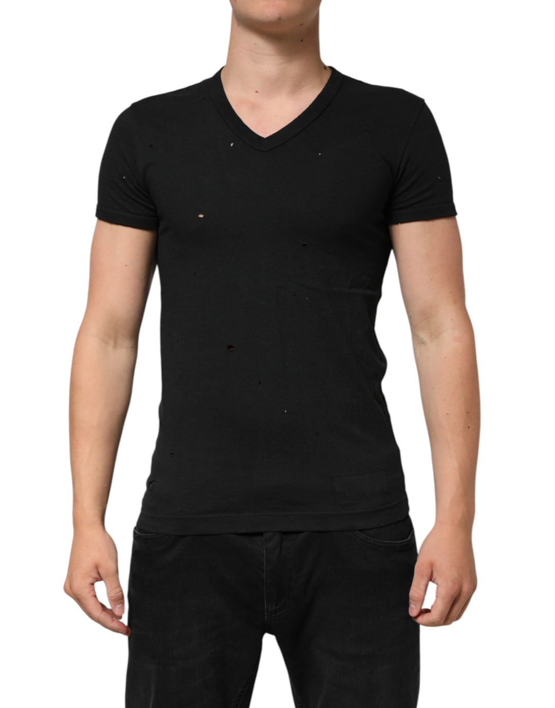 Dolce &amp; Gabbana Sample Sale Dolce &amp; Gabbana Black Cotton Tattered Logo V-Neck Men T-shirt - | Designer outlet