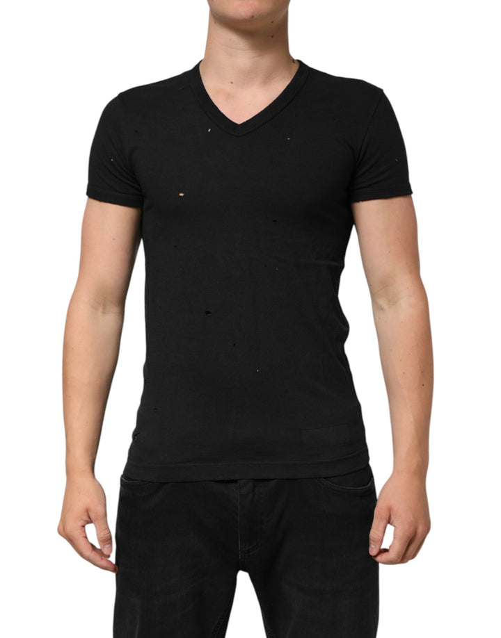 Dolce &amp; Gabbana Sample Sale Dolce &amp; Gabbana Black Cotton Tattered Logo V-Neck Men T-shirt - | Designer outlet