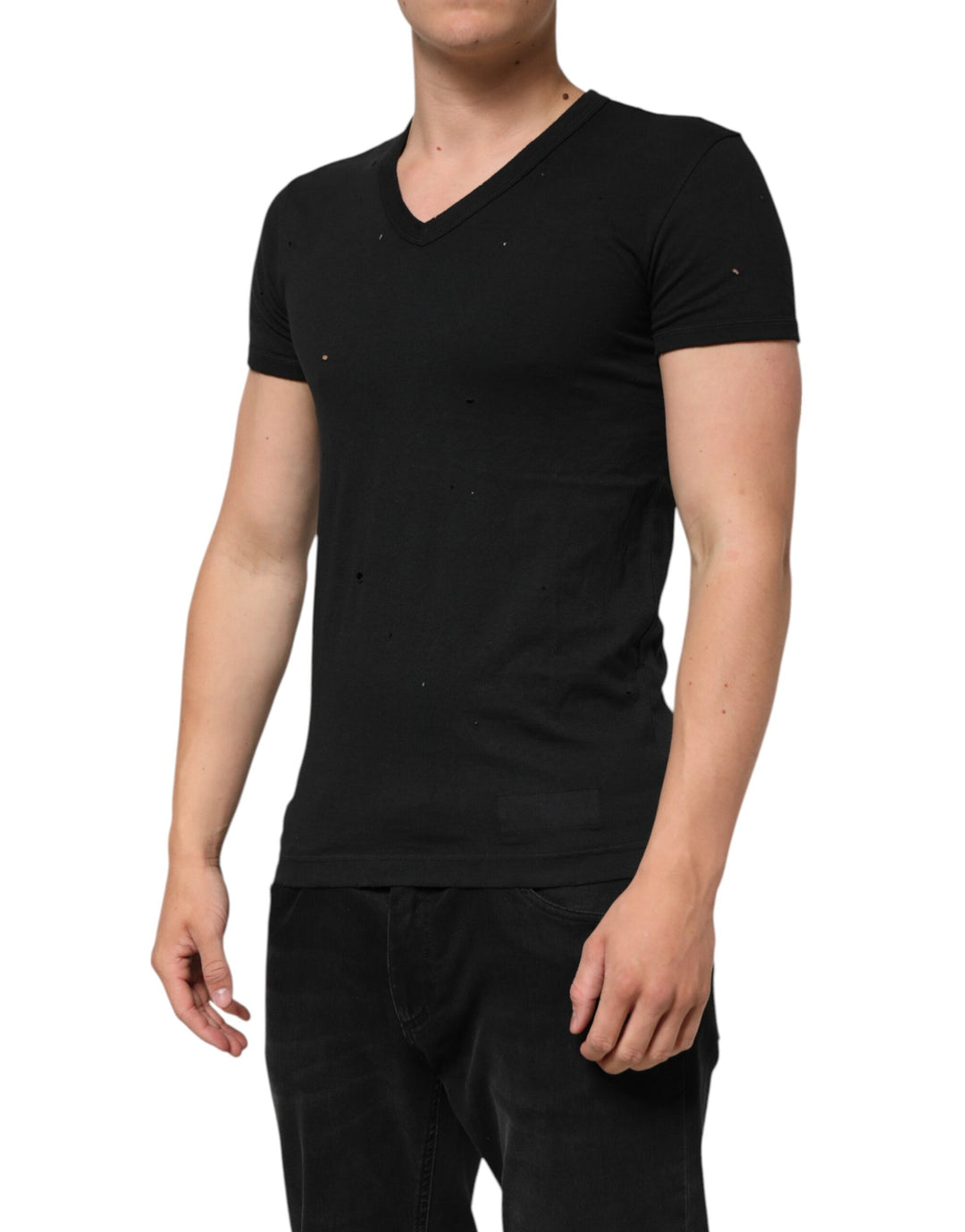 Dolce &amp; Gabbana Sample Sale Dolce &amp; Gabbana Black Cotton Tattered Logo V-Neck Men T-shirt - | Designer outlet