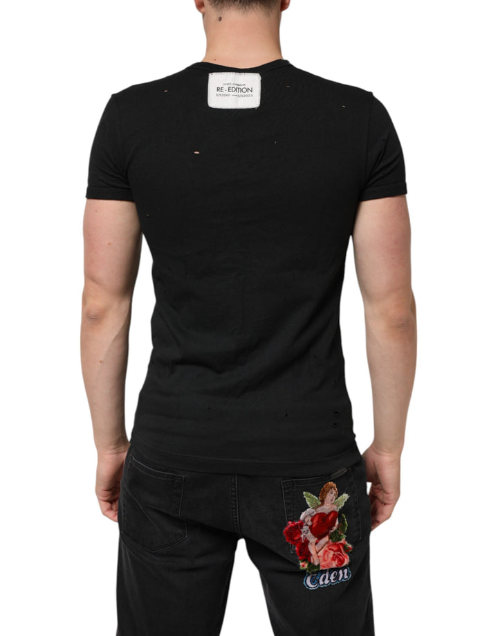 Dolce &amp; Gabbana Black Cotton Tattered Logo V-Neck Men T-shirt by Dolce &amp; Gabbana outlet now on sale