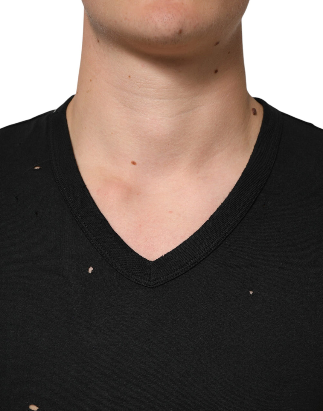 Dolce &amp; Gabbana Sample Sale Dolce &amp; Gabbana Black Cotton Tattered Logo V-Neck Men T-shirt - | Designer outlet