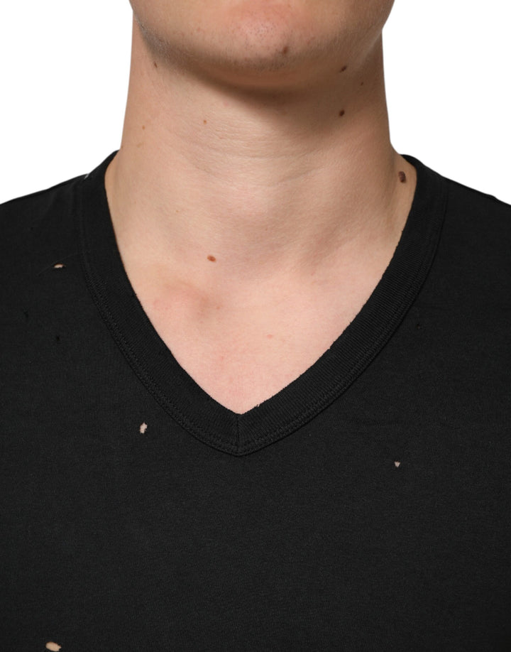 Dolce &amp; Gabbana Sample Sale Dolce &amp; Gabbana Black Cotton Tattered Logo V-Neck Men T-shirt - | Designer outlet