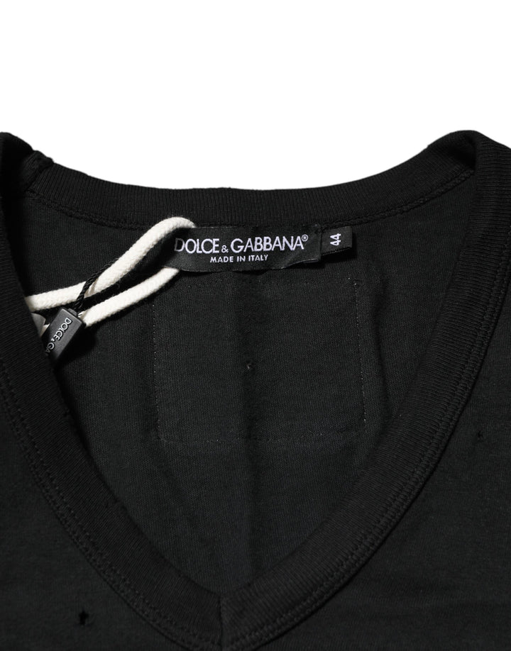 Dolce &amp; Gabbana Black Cotton Tattered Logo V-Neck Men T-shirt by Dolce &amp; Gabbana outlet now on sale