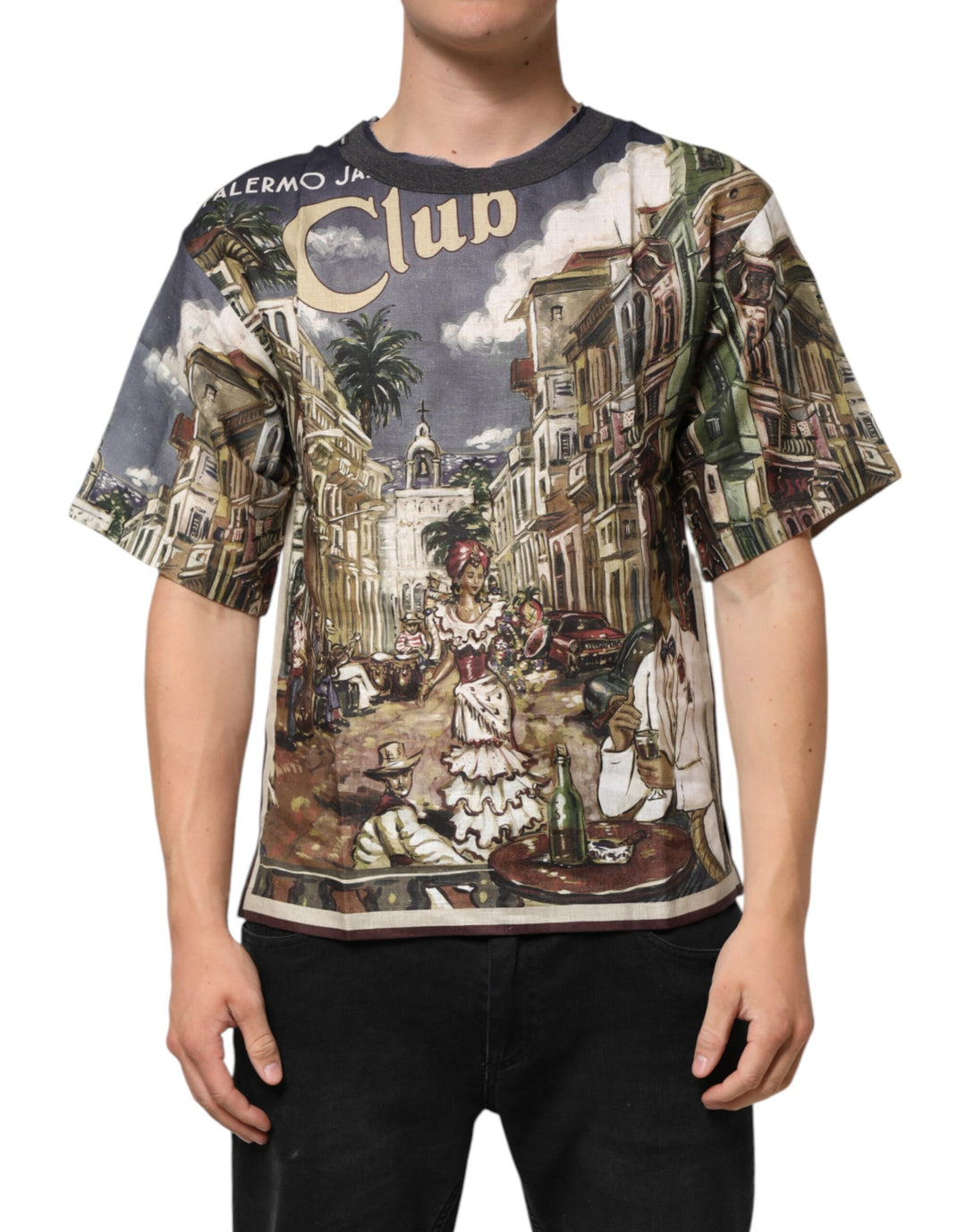 Dolce &amp; Gabbana Palermo Jazz Club Linen Crew Neck Men T-shirt by Dolce &amp; Gabbana outlet now on sale