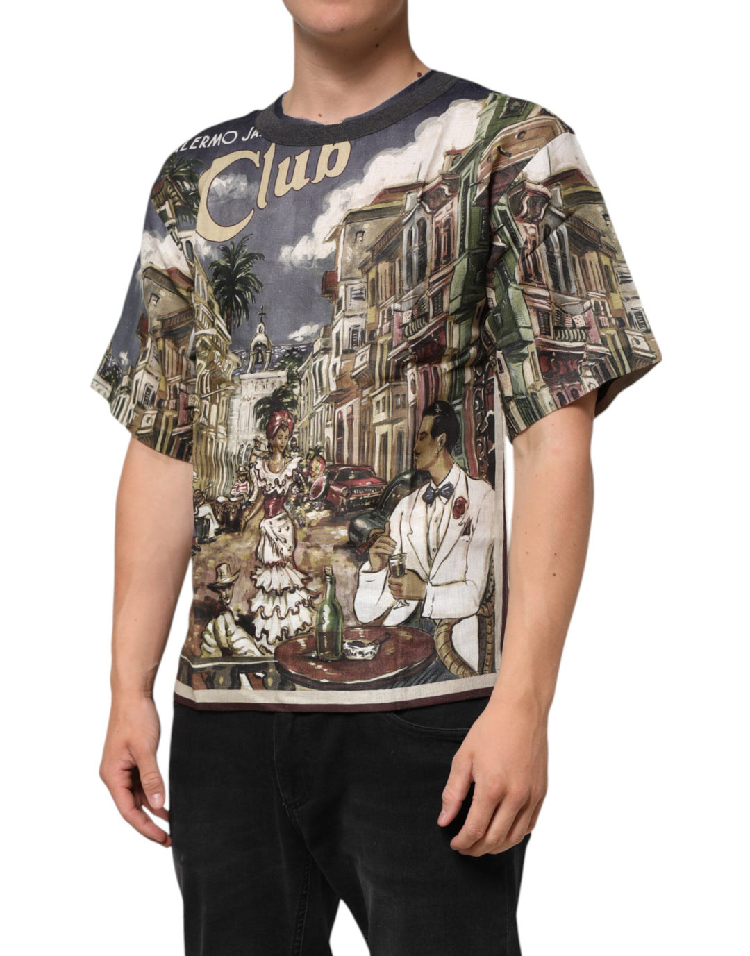 Dolce &amp; Gabbana Palermo Jazz Club Linen Crew Neck Men T-shirt by Dolce &amp; Gabbana outlet now on sale
